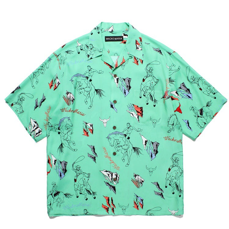 GUILTYPARTIES TIGER Shirts Western denim lasso casual rayon Hawaiian lapel short-sleeved shirt