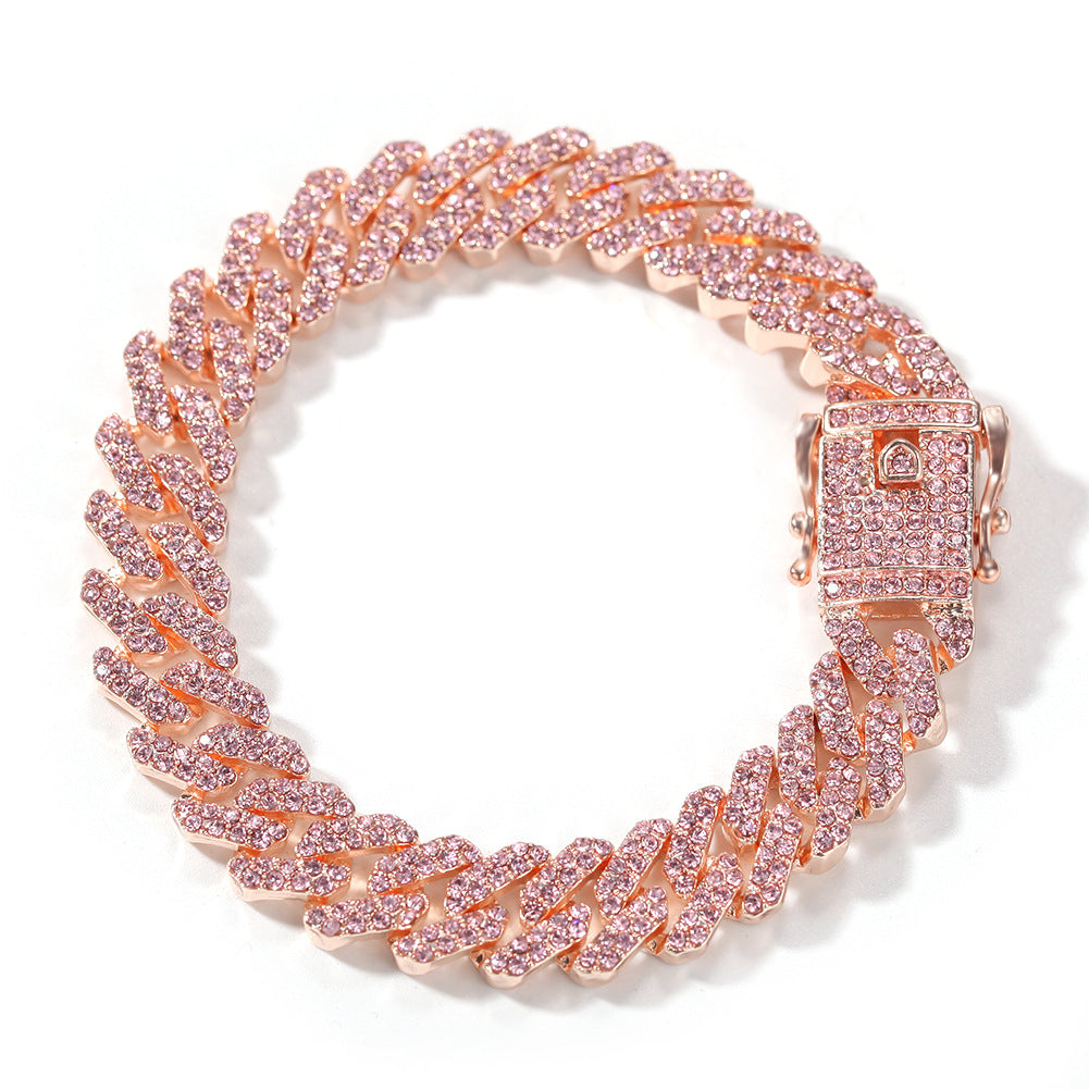 Bracelet Cuban Chain Necklace ins Wind Rose Gold Pink Diamond Alloy Hip Hop Spectrum St. Valentine's