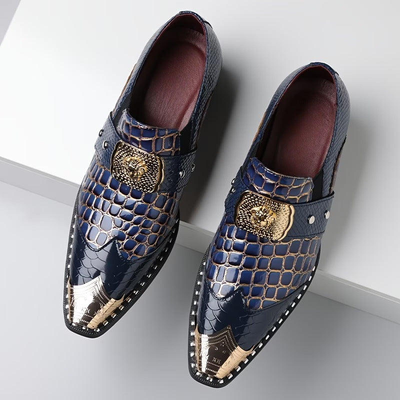 Men's dress shoes large size leather shoes men's British style crocodile pattern glossy business shoes metal iron head men's shoes light luxury high sense