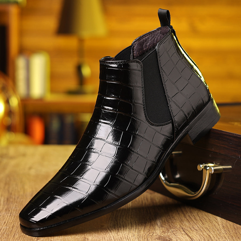 Men's dress shoes Chelsea boots glossy patent leather crocodile pattern elastic one-pedal men's shoes British style high-top men's shoes autumn and winter