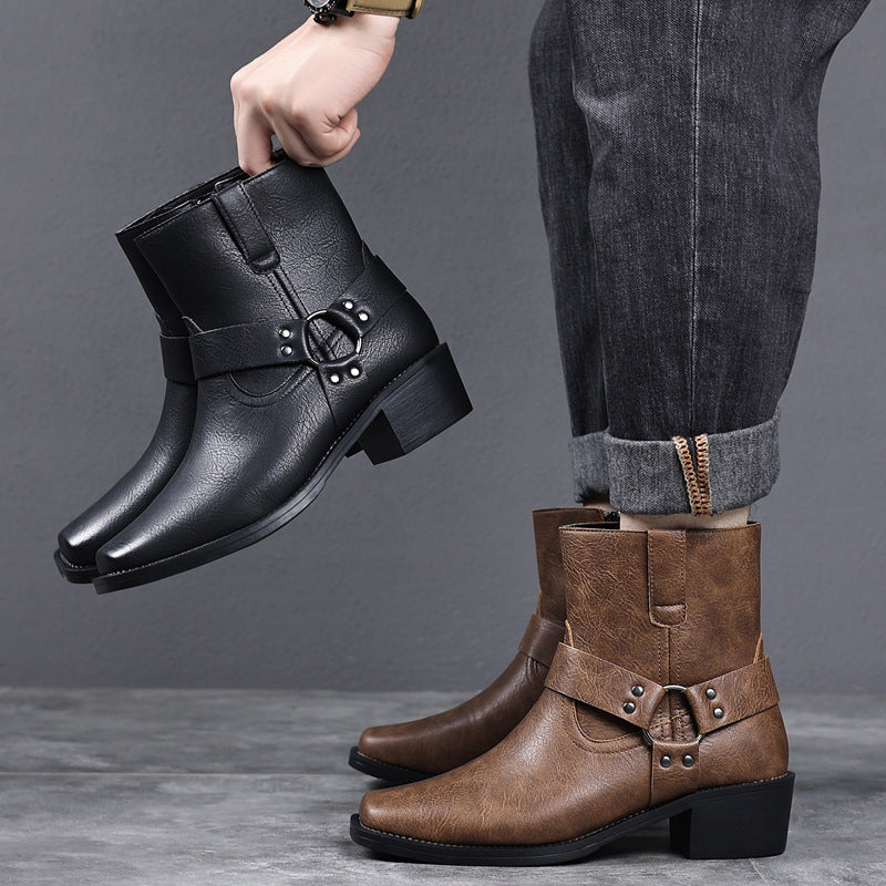 Men's dress shoes Men's leather boots Vintage British high-top short boots Rivets Metal buckle side zipper Thick heel Square head