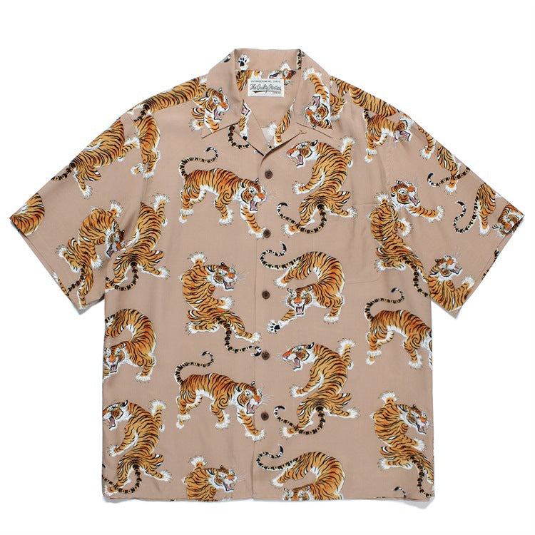 GUILTYPARTIES TIGER Shirts 23SS TIM LEHI Flame Tiger Full Print Hawaiian Short Sleeve Shirt Men
