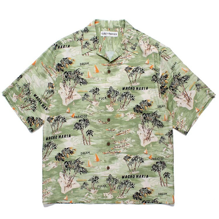 GUILTYPARTIES TIGER Shirts 24ss Coconut Island Style, Cuban Collar Casual Hawaiian Short Sleeve Shirt Men