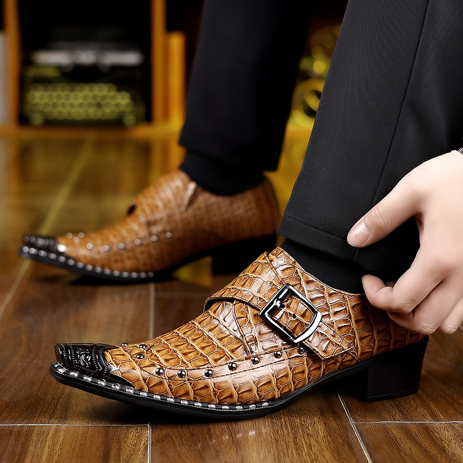 Men's dress shoes men's leather shoes crocodile pattern pointed shoes men's shoes light luxury high-end single buckle rivet casual small leather shoes
