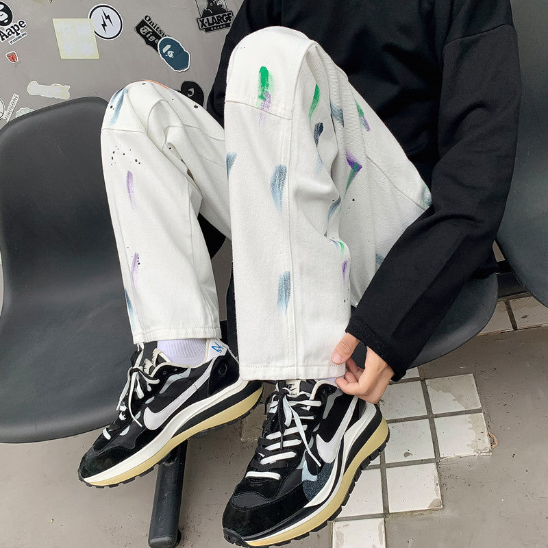 Men Jeans Splash-Ink Jeans Men's Autumn Baggy Straight Trousers Casual Trousers