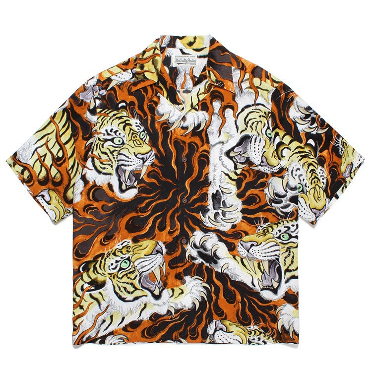 GUILTYPARTIES TIGER Shirts 23SS TIM LEHI Flame Tiger Full Print Hawaiian Short Sleeve Shirt Men