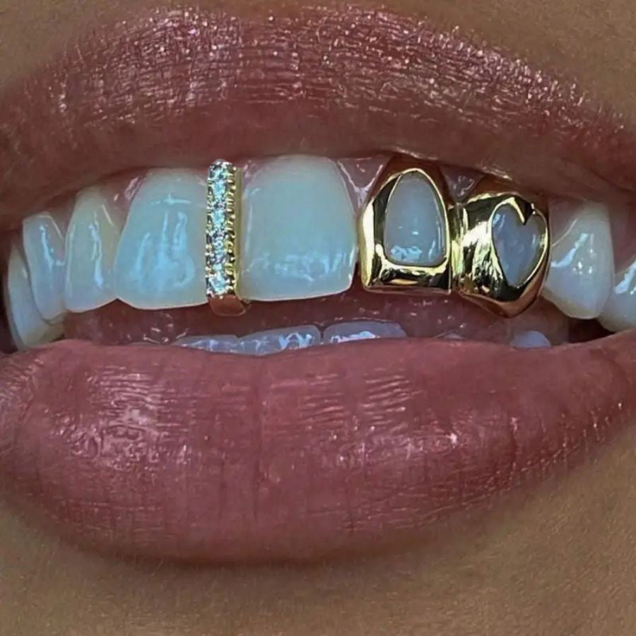 Grillz Hip-Hop Rock Hollow Love Stick Drill Double Braces Daily Out Cool Glossy Gold Teeth Hip Hop Versatile
