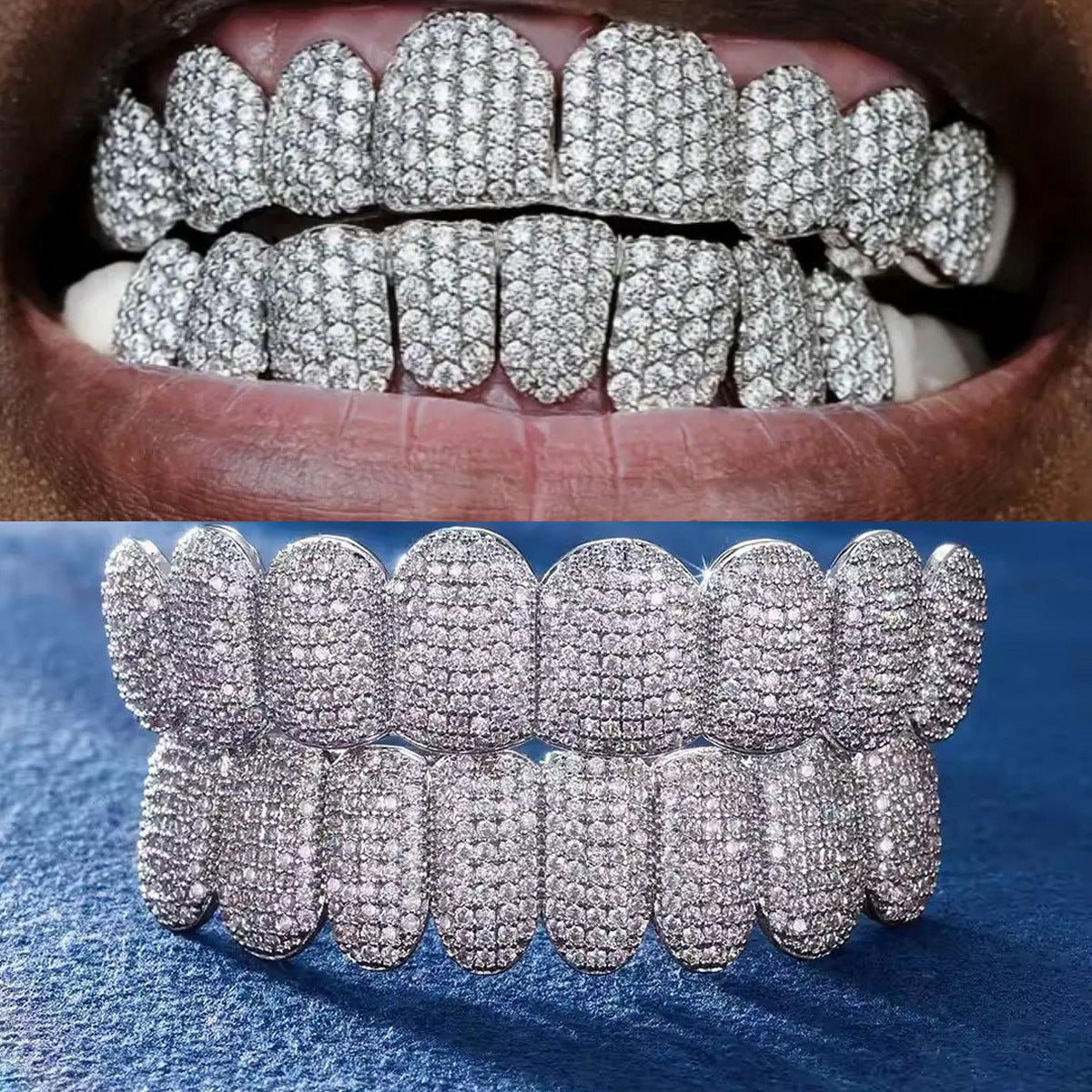 Grillz Hip-Hop Rock European and American Hip Hop Braces Real Gold Plated 10 Tooth Micro-studded Diamond Cross-border Hiphop Braces Halloween Hip Hop Ornaments
