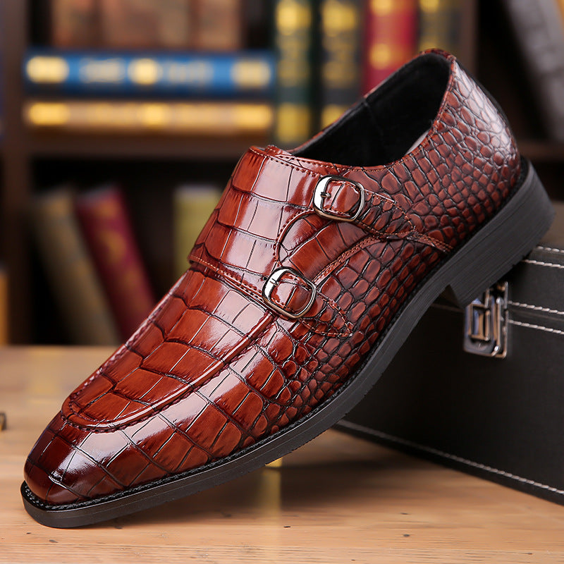 Men's dress shoes leather shoes men's crocodile pattern double buckle men's shoes autumn casual shoes wedding business banquet men's dress shoes