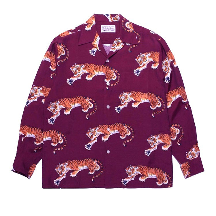GUILTYPARTIES TIGER Long sleeved shirt Tiger Hawaiian Casual Long Sleeve Shirt Men's and Women's