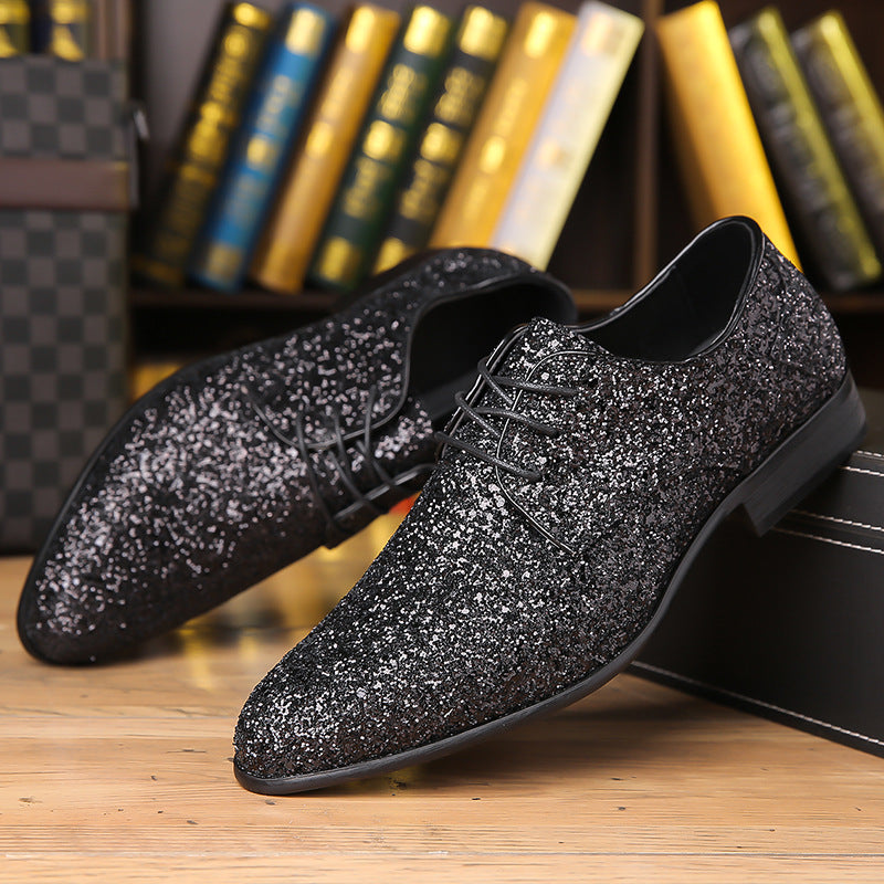 Men's dress shoes large size leather shoes men's sequined pointed lace-up black shoes British style business wedding men
