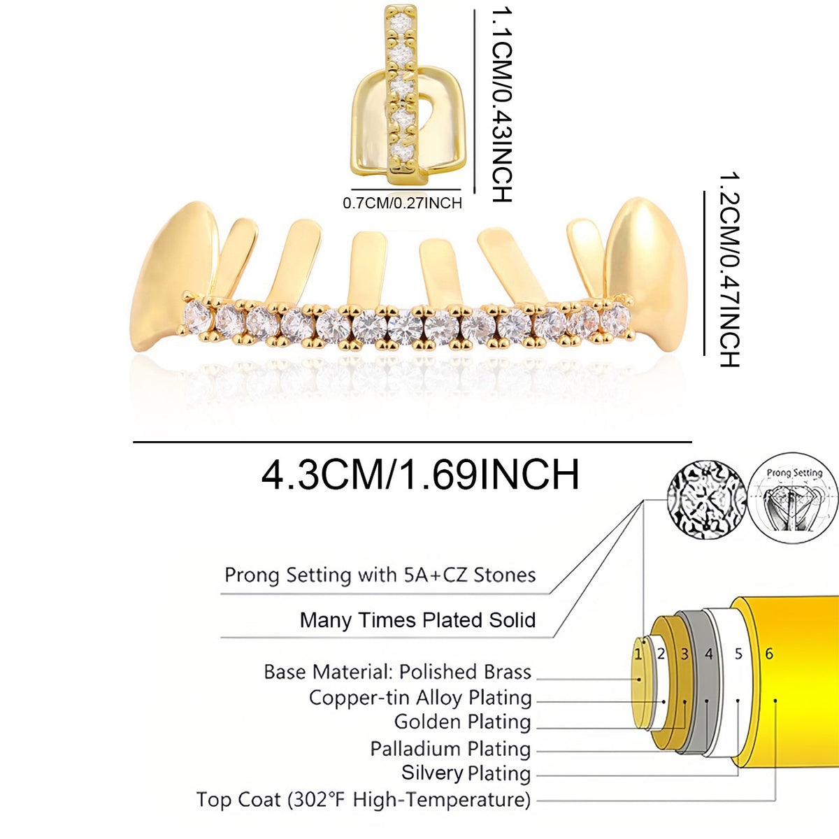 Grillz Hip-Hop Rock Hip Hop Zirconium Trim Braces TeethGrillz Real Gold Plated Braces