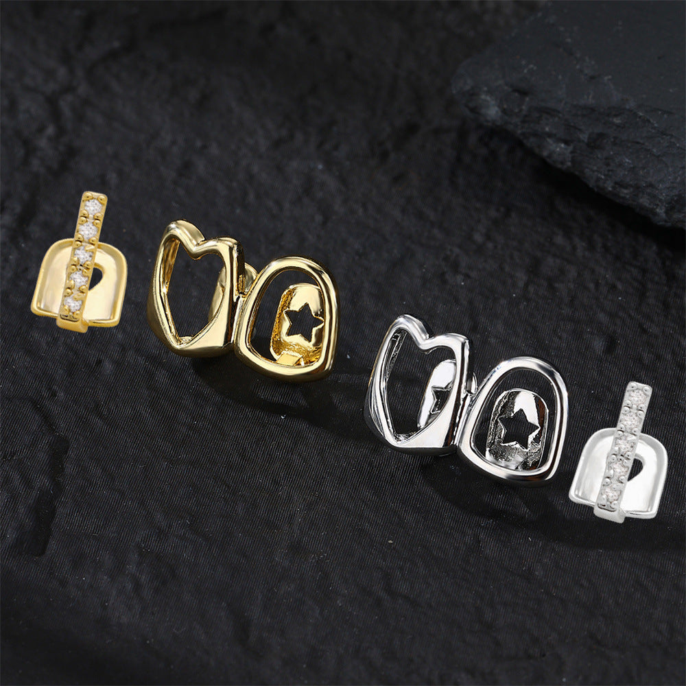 Grillz Hip-Hop Rock Hollow Love Stick Drill Double Braces Daily Out Cool Glossy Gold Teeth Hip Hop Versatile
