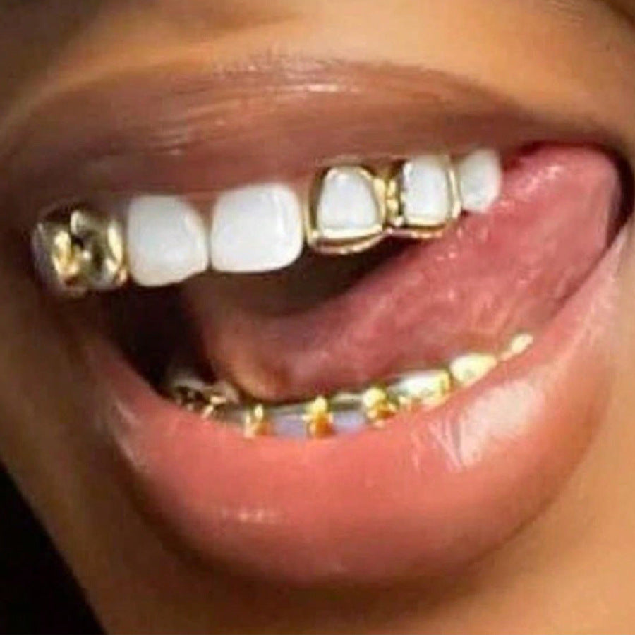 Grillz Hip-Hop Rock Hollow Double Hollow Bar Drill Triple Braces Daily Out Cool Glossy Gold Teeth Hip Hop Versatile Cross-border Accessories