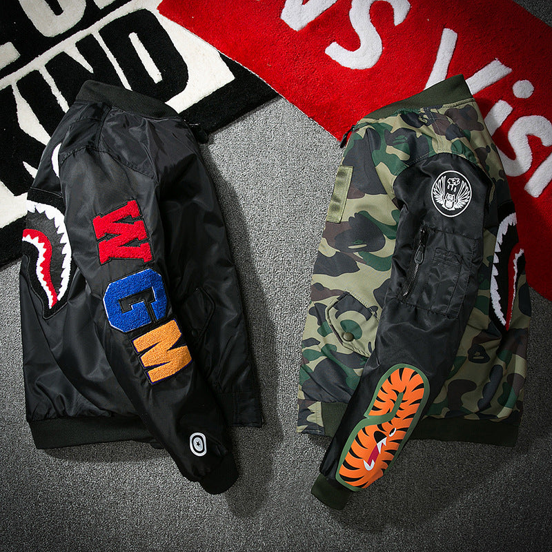 Mens Bomber Jacket MA-1 Winter Thickness available cotton-padded jacket shark pilot couple autumn and winter embroidery camouflage