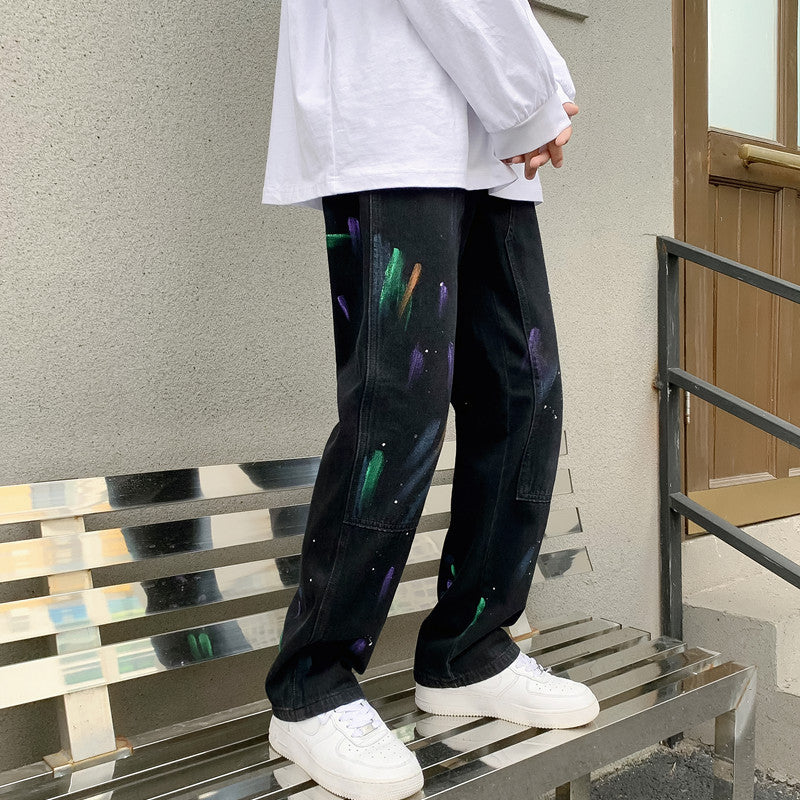 Men Jeans Splash-Ink Jeans Men's Autumn Baggy Straight Trousers Casual Trousers