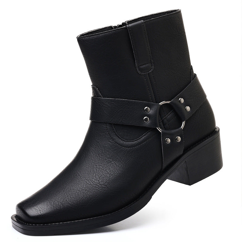 Men's dress shoes Men's leather boots Vintage British high-top short boots Rivets Metal buckle side zipper Thick heel Square head