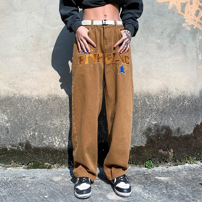 Men Jeans Embroidered Jeans Men's Summer Loose Wide Leg Pants Straight-Leg Trousers