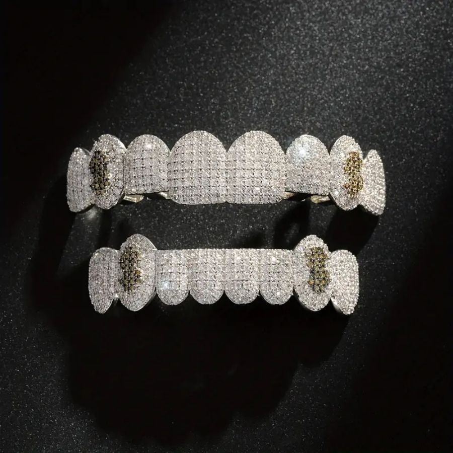 Grillz Hip-Hop Rock Hip Hop Braces Black Diamond Jewelry Eight Teeth HIPHOP Copper Zirconium Full Diamond Braces Jewelry