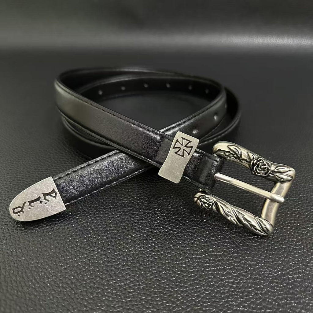 American vintage-style leather belt ERD melancholy rich second generation portrait hand-painted black and white checkerboard belt American vintage trend old belt