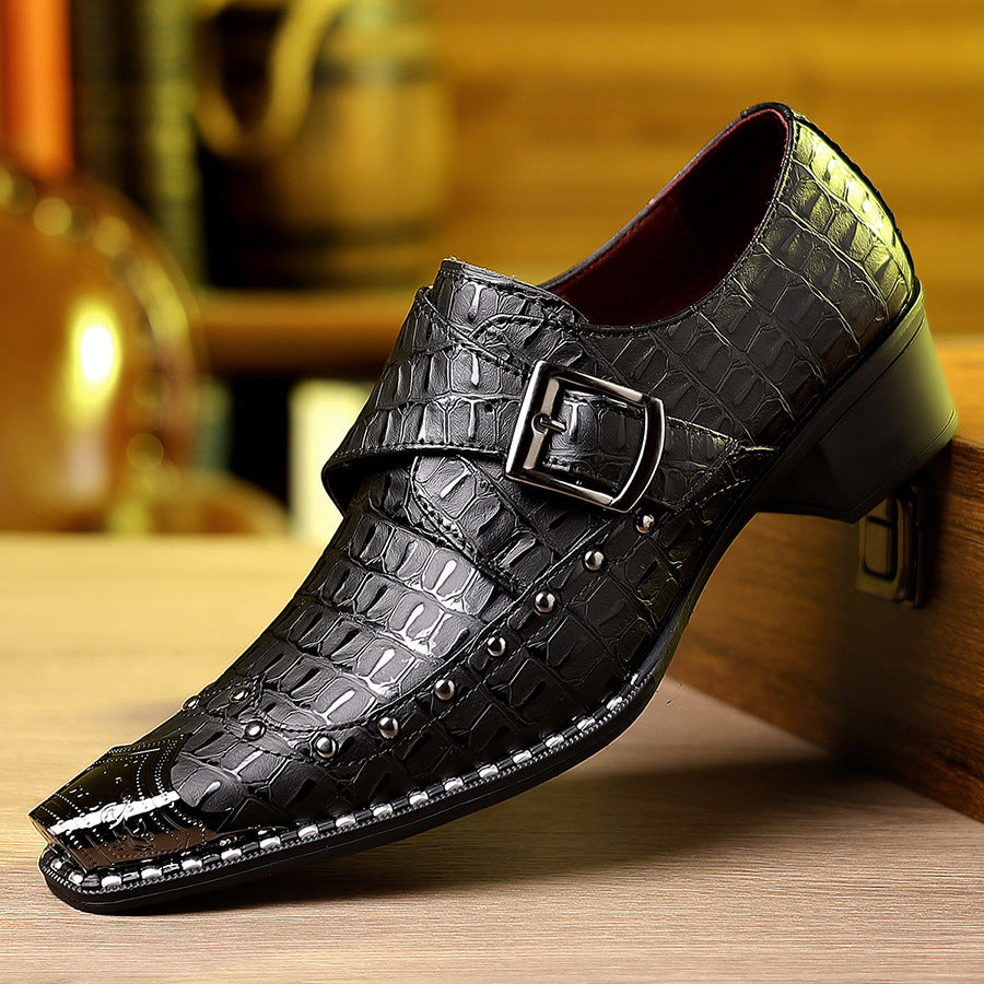 Men's dress shoes men's leather shoes crocodile pattern pointed shoes men's shoes light luxury high-end single buckle rivet casual small leather shoes