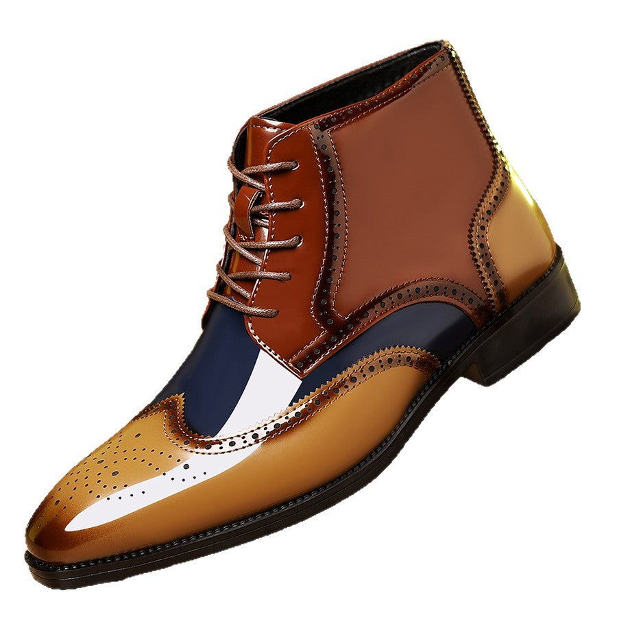 Men's dress shoes large size leather shoes men's splicing glossy high-top men's shoes trendy brand high-end wedding business men's dress shoes
