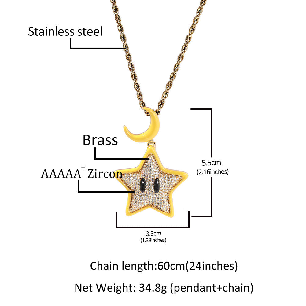 Jewelry Cartoon Luminous Star Hip Hop Necklace Men's Diamond Copper Pendant St. Valentine's Spectrum Night light Necklaces