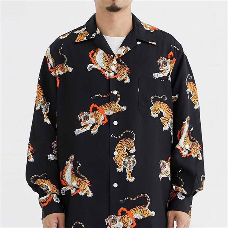 GUILTYPARTIES TIGER Long sleeved shirt TIM LEHI Downhill Tiger Fire Ring Tiger, Hawaiian Long Sleeve Shirt Men