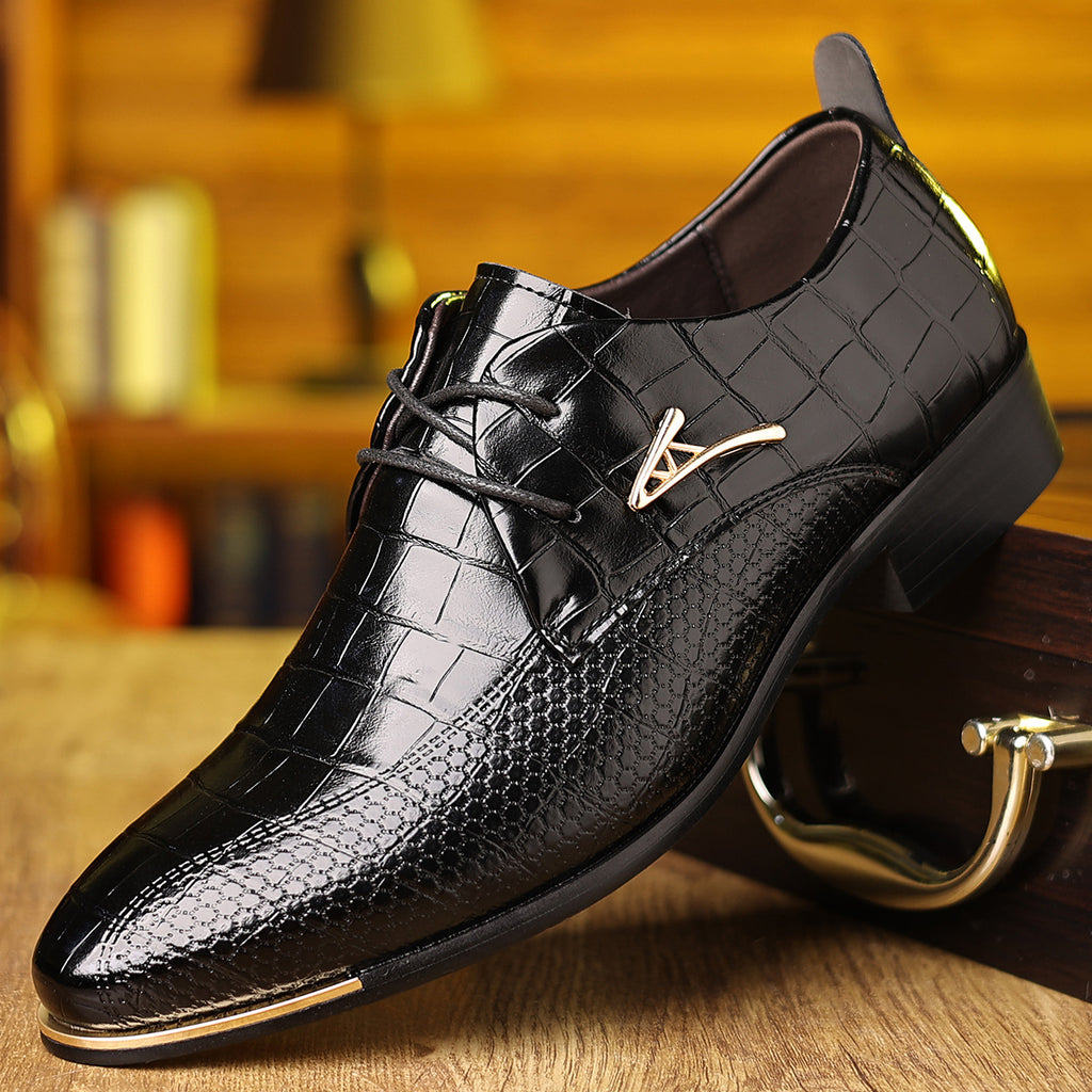 Men's dress shoes glossy crocodile pattern leather shoes men's pointed head lace-up multi-color shoes men's shoes trendy brand high-end wedding shoes