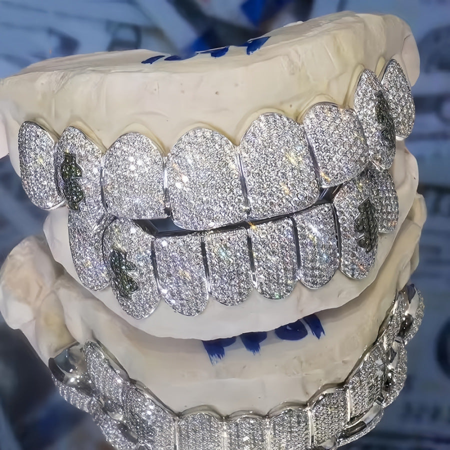 Grillz Hip-Hop Rock Hip Hop Braces Black Diamond Jewelry Eight Teeth HIPHOP Copper Zirconium Full Diamond Braces Jewelry