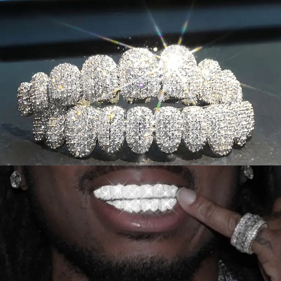 Grillz Hip-Hop Rock Hip-Hop Braces Real Gold Plated 10-Tooth Micro-studded Diamond Cross-Border HIPHOP Braces Halloween Hip-Hop Ornaments
