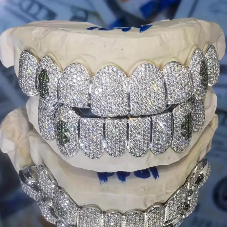 Grillz Hip-Hop Rock Hip Hop Braces Black Diamond Jewelry Eight Teeth HIPHOP Copper Zirconium Full Diamond Braces Jewelry