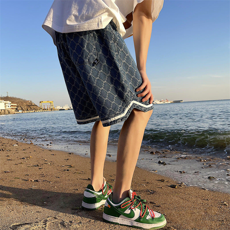Men Jeans Denim Shorts Men's Summer Embroidered Plaid Shorts