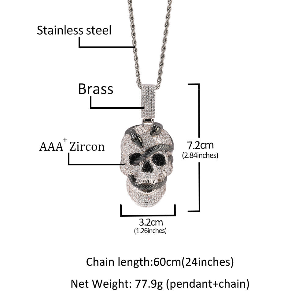 Jewelry Snake Skull Pendant Necklace Copper Inlaid Zircon Street Vintage Dog Tags rapper Spectrum