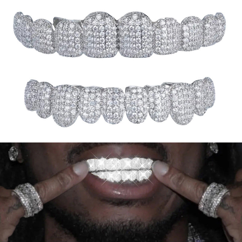 Grillz Hip-Hop Rock Braces Real Gold Plated 10 Tooth Microstudded Diamond HIPHOP Braces Halloween Hip Hop Ornament