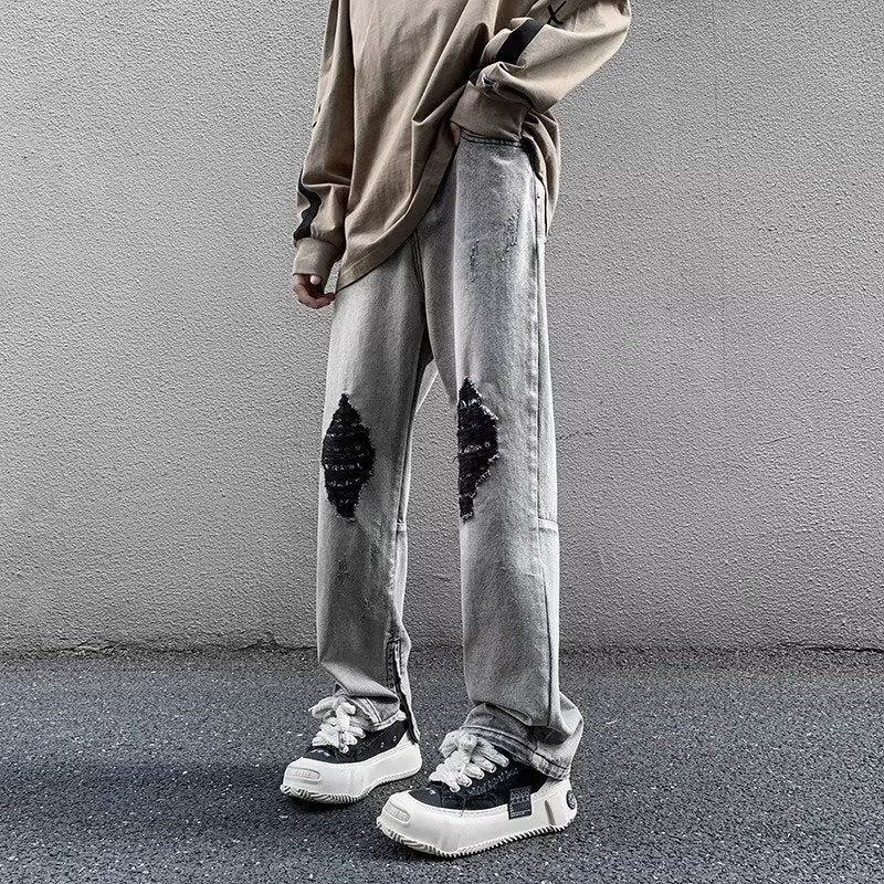 Men Jeans Gray Broken Hole Jeans Public Zipper Split Bootcut Trousers