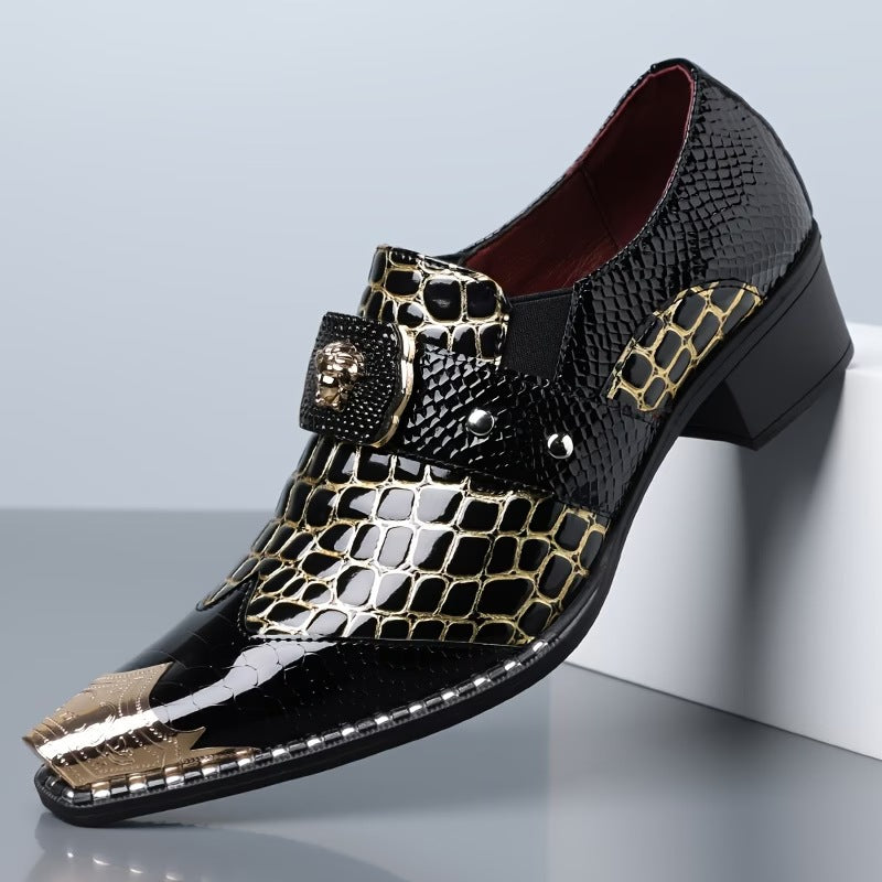 Men's dress shoes large size leather shoes men's British style crocodile pattern glossy business shoes metal iron head men's shoes light luxury high sense