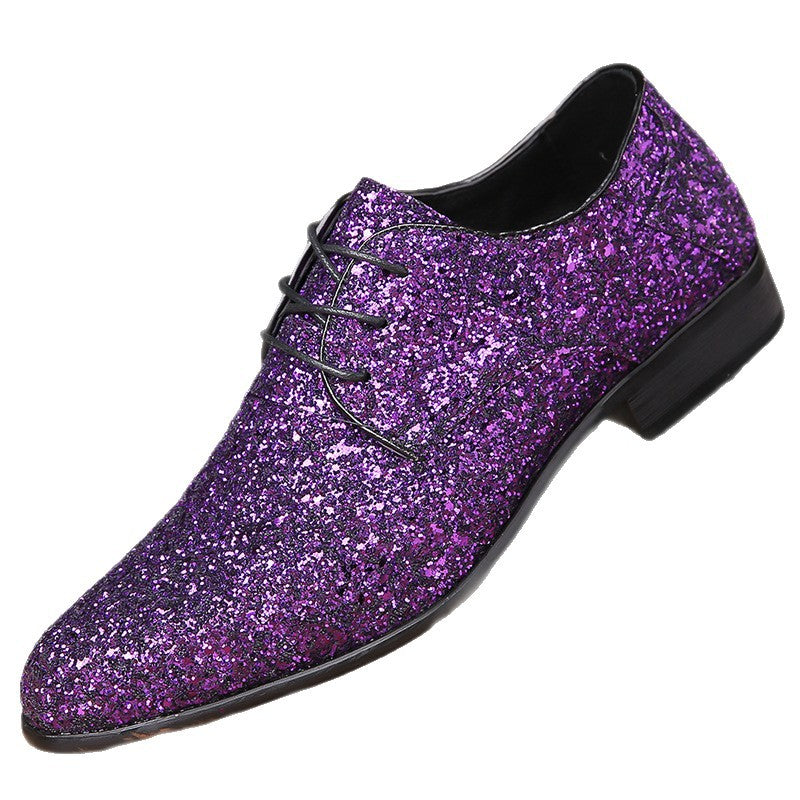 Men's dress shoes large size leather shoes men's sequined pointed lace-up black shoes British style business wedding men