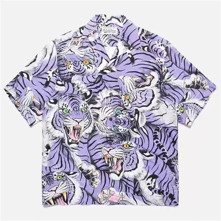 GUILTYPARTIES TIGER Shirts Summer Festival Black Eyed Tiger Flowing Cloud Hawaiian Short Sleeve Shirt Men