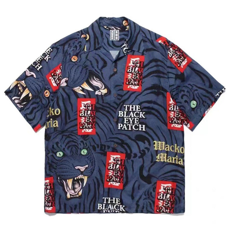 GUILTYPARTIES TIGER Shirts Summer Festival Black Eyed Tiger Flowing Cloud Hawaiian Short Sleeve Shirt Men