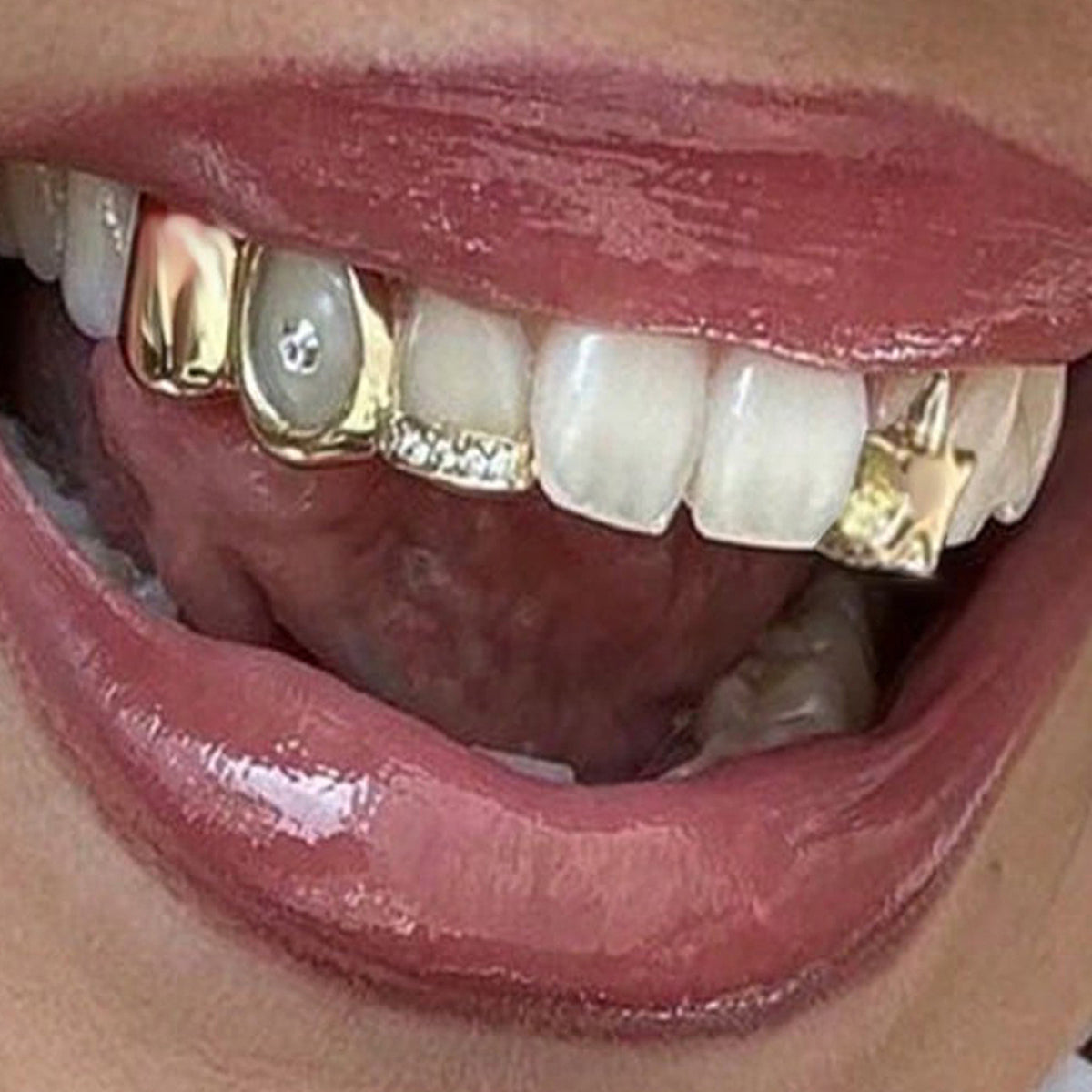 Grillz Hip-Hop Rock Hollow Single Hollow Bar Drill Triple Braces Daily Out Cool Glossy Gold Teeth Hip Hop Versatile Cross-border Accessories
