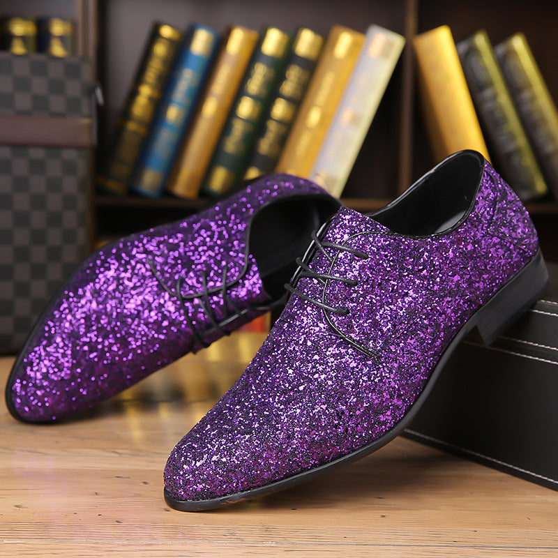 Men's dress shoes large size leather shoes men's sequined pointed lace-up black shoes British style business wedding men