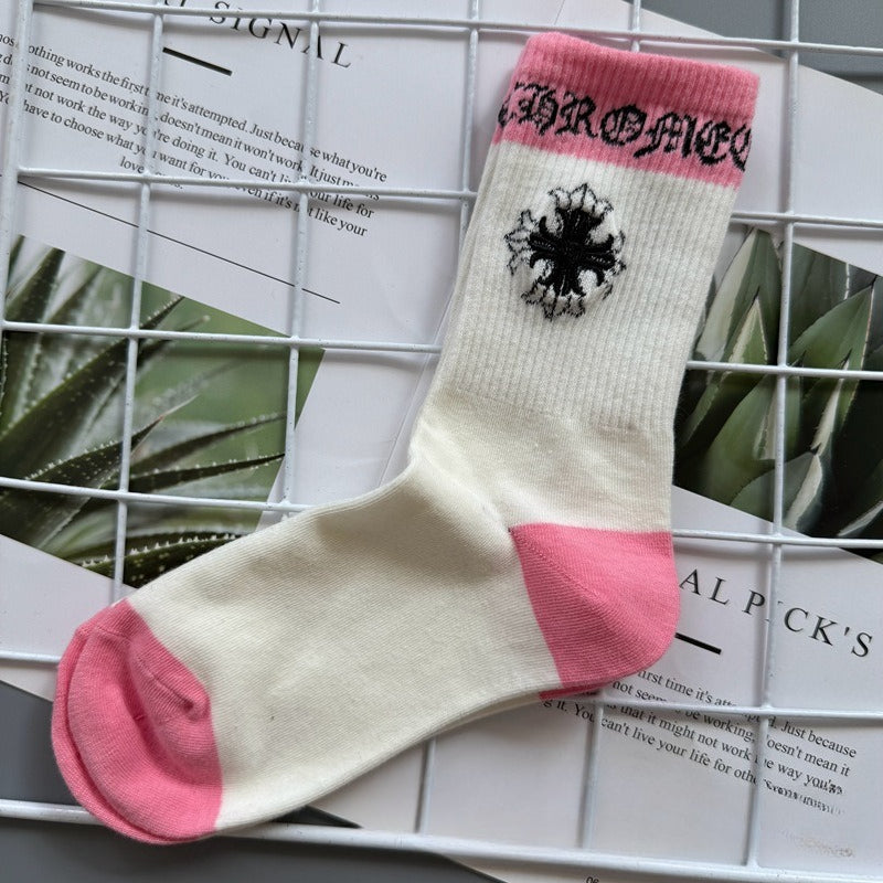 Chrome Hearts Socks Medium Tall Striped Letter Red Lip Embroidery