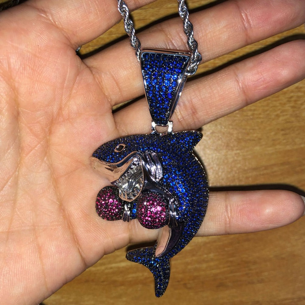 Jewelry Hip Hop Boxing Shark Zircon Pendant Necklace Animal Spectrum Armament