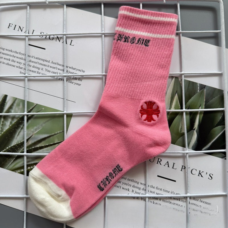 Chrome Hearts Socks Medium Tall Striped Letter Red Lip Embroidery