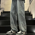 Men Jeans Embroidered Flame Jeans Baggy Straight Trousers