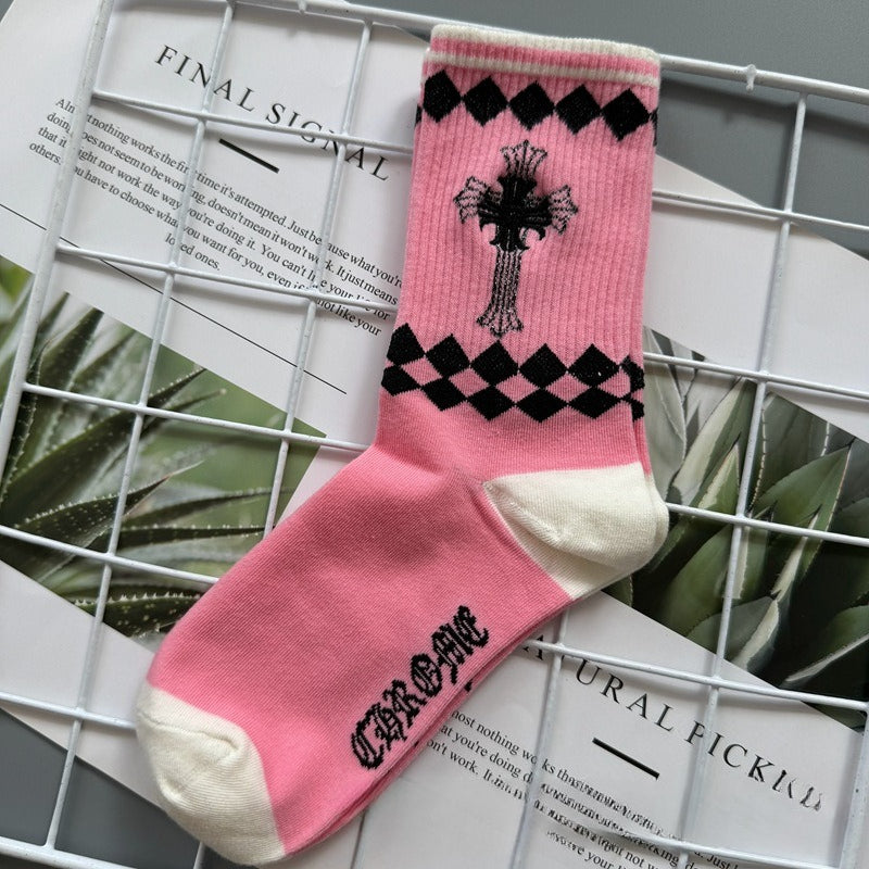 Chrome Hearts Socks Medium Tall Striped Letter Red Lip Embroidery