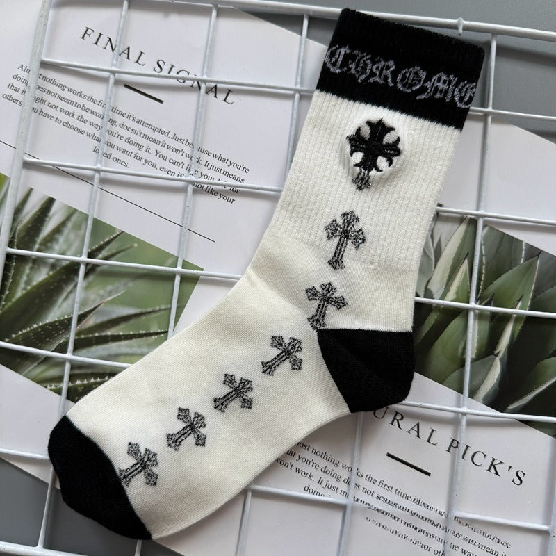 Chrome Hearts Socks Medium Tall Striped Letter Red Lip Embroidery
