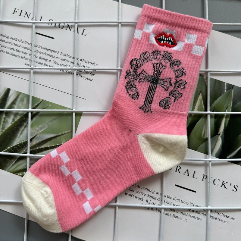 Chrome Hearts Socks Medium Tall Striped Letter Red Lip Embroidery