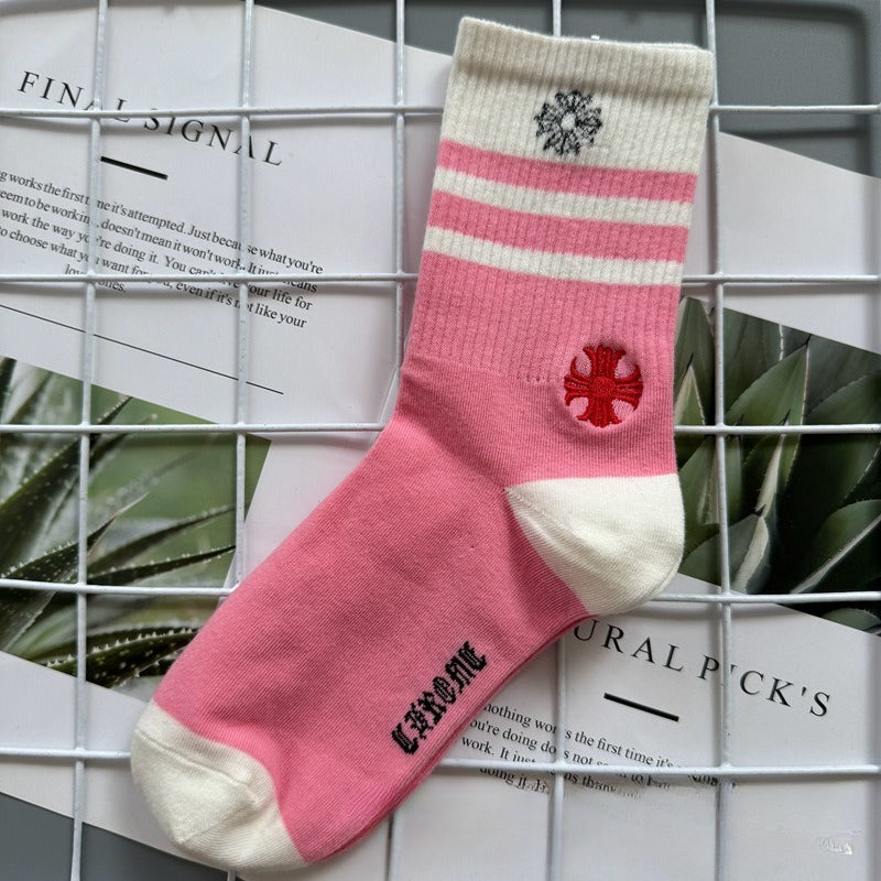 Chrome Hearts Socks Medium Tall Striped Letter Red Lip Embroidery